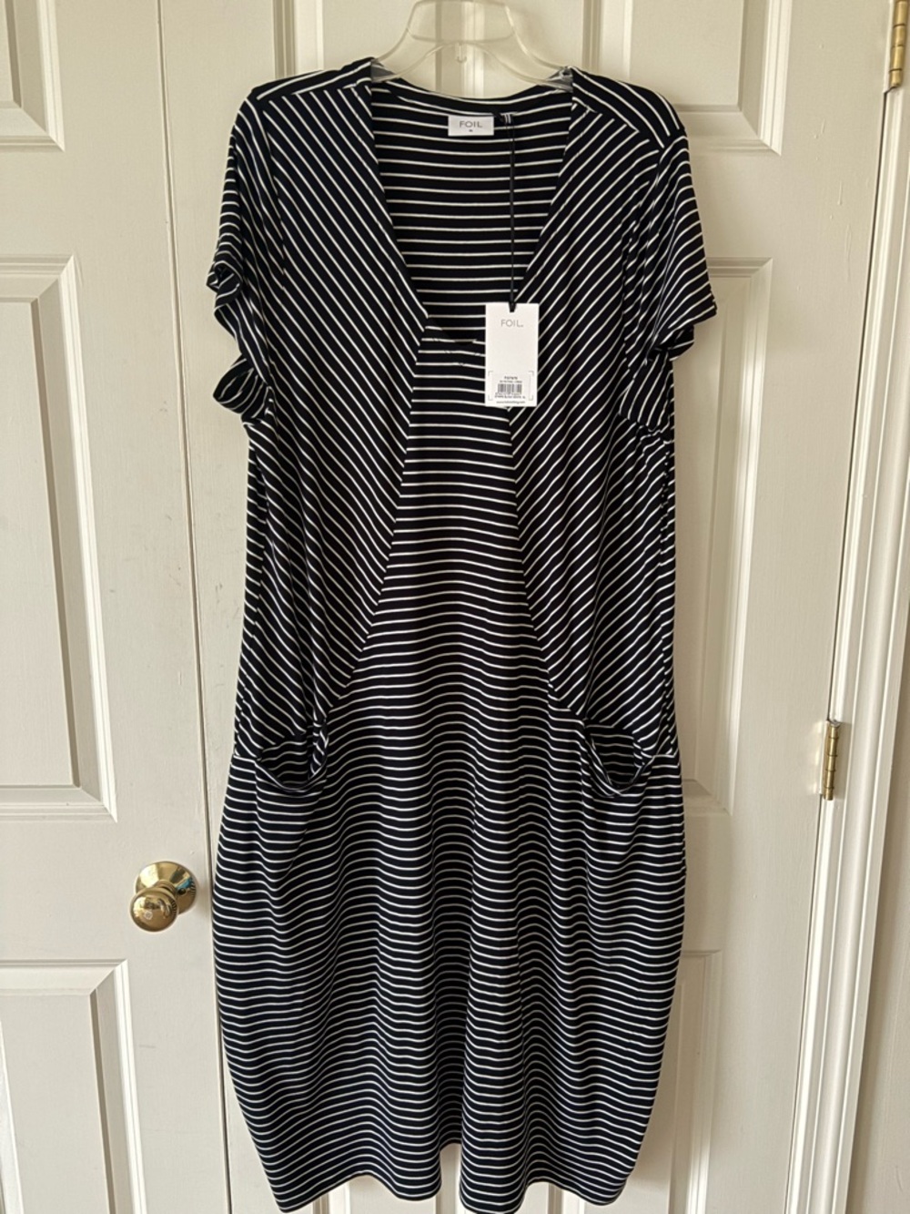 Foil Black and White Striped V-Neck Midi Dress